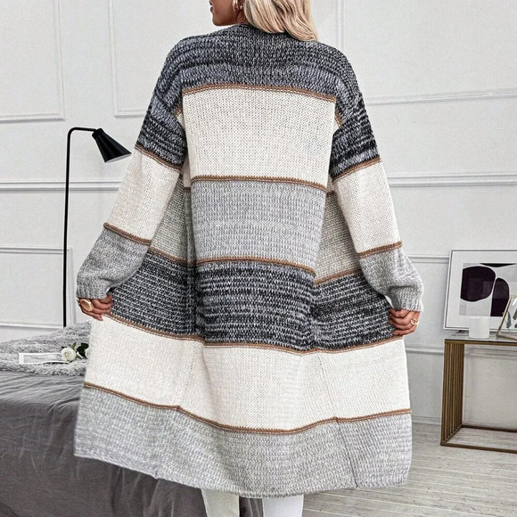 Multicolor Casual Women's Patchwork Loose Dual Pocket Long Cardigan - Picture 2 of 6